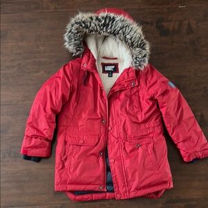 Lands' End Kids Red Fleece Lined Puffer Jacket with Faux Fur Hood
